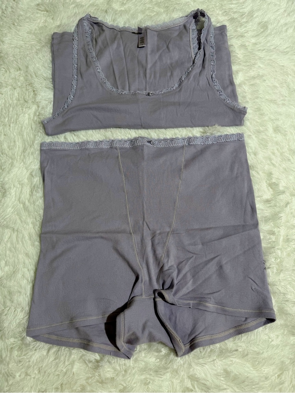 SKIMS 4X Matching Lace Pajama Set Pointelle Shorts Tank Top Lavender Purple Soft